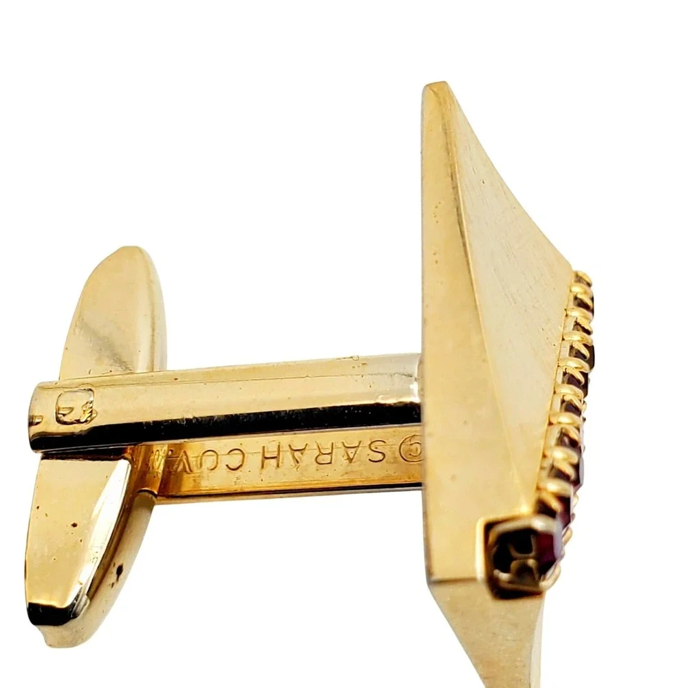 Sarah Coventry Brushed Gold Tone Cufflinks Square Rectangular Red Glass Matador